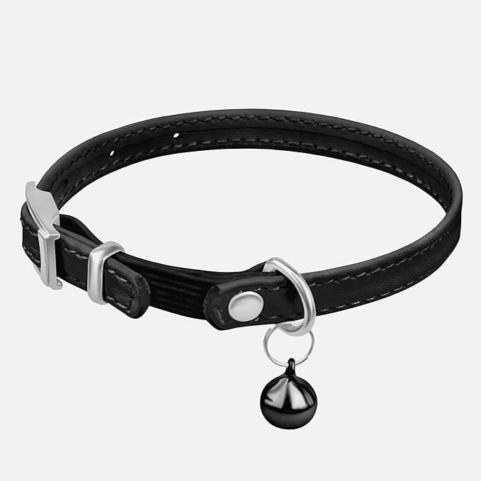 CollarDirect Leather Cat Collar with Bell - Kitten Collar, Small and Big Cat Collar for Boy Cats, Girl Cats with Safety Elastic Strap (Neck Fit 6"-7", Black)