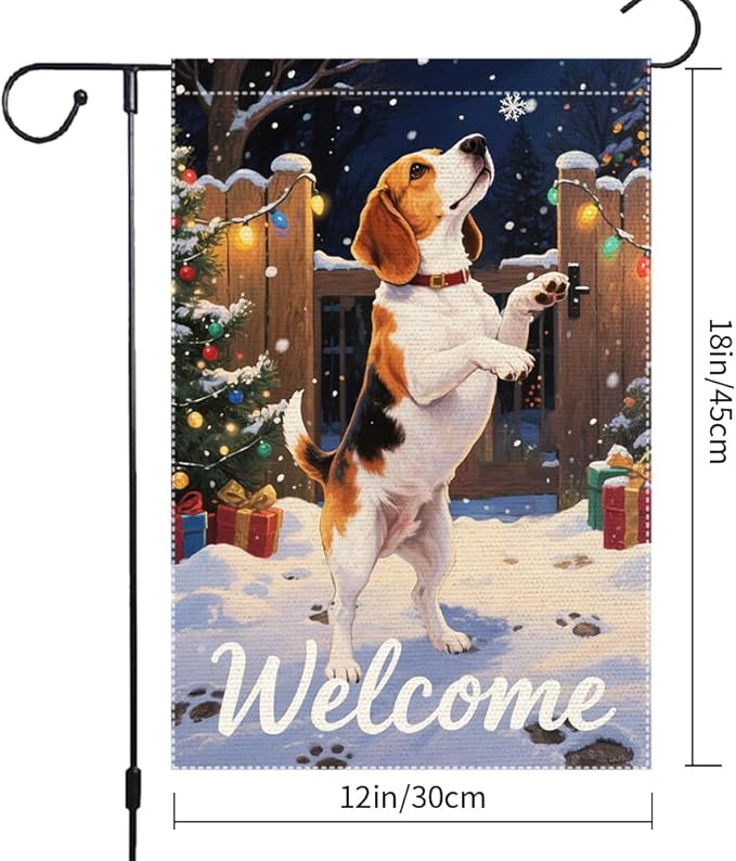 Beagle Dog Welcome Garden Flag 12x18 Inch Double Sided Christmas Burlap Yard Banner for Winter Holiday Outdoor Decor Farmhouse Seasonal Pet Decoration