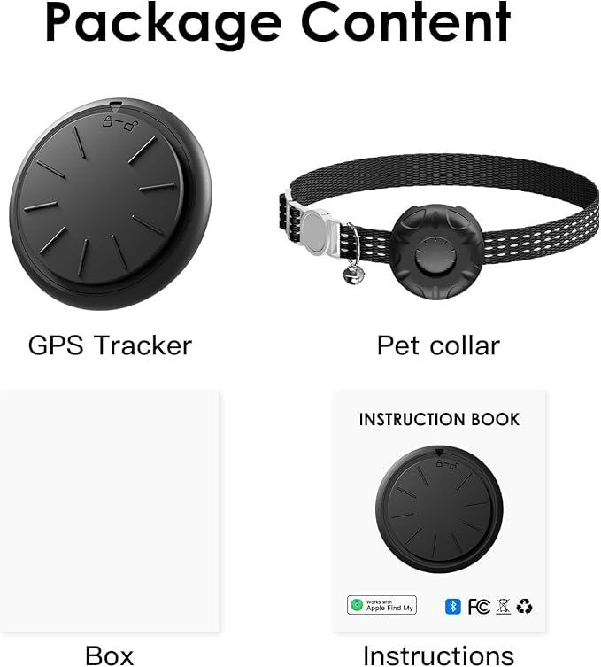 GPS Tracker, Waterproof Pet Tracker for Cats, Cat GPS Tracker Collar with Safety Elastic Buckle, Compatible with Apple Find My App (Only iOS), No Monthly Fee (Black Tracker, Cat Collar)
