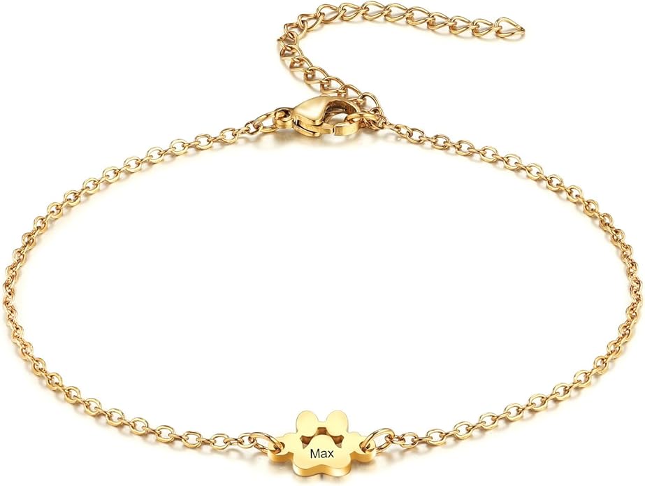 MeMeDIY Personalized Paw Print Bracelet for Women Engraved 1-5 Names Dog Cat Pet Paw Bracelet Adjustable Chain Dog Jewelry Memorial Gifts for Pet Lovers