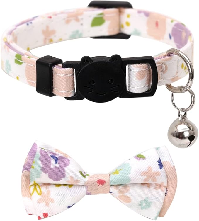 2 Pack/Set Cat Collar Breakaway with Cute Bow Tie and Bell Plaid Flower for Kitty Adjustable Safety