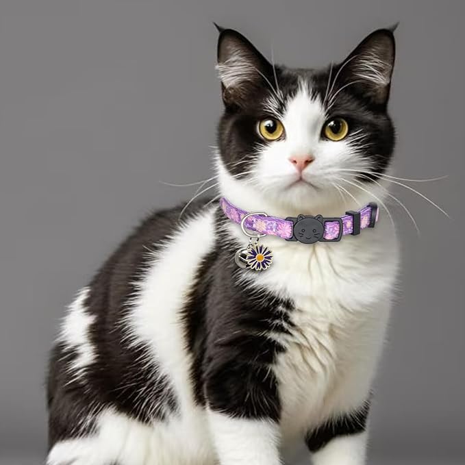 Cat Collar Breakaway, 2 Pack Cotton Cats Collars with Bells, Cute Flowers Shaped for Girl Boy Kittens, Purple and Blue