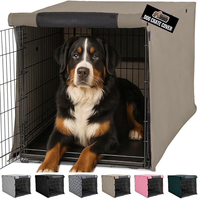 GORILLA GRIP Dog Crate Covers Compatible with Amazon Basics Dog Crates, All Sides Open, Privacy Cover Fits 48" Wire Kennel, Breathable Mesh Windows, Light Reducing Puppy Training Cage Topper, Taupe