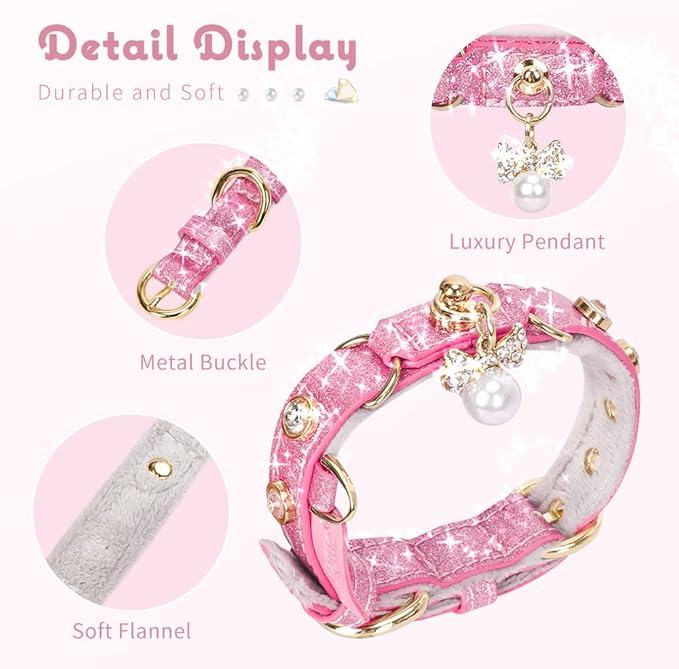 PetsHome Cat Collar, Dog Collar, [Bling Rhinestones] PU Leather Adjustable Pet Collar with Luxury Pendant for Big Cat and Small to Medium Dog Small Pink