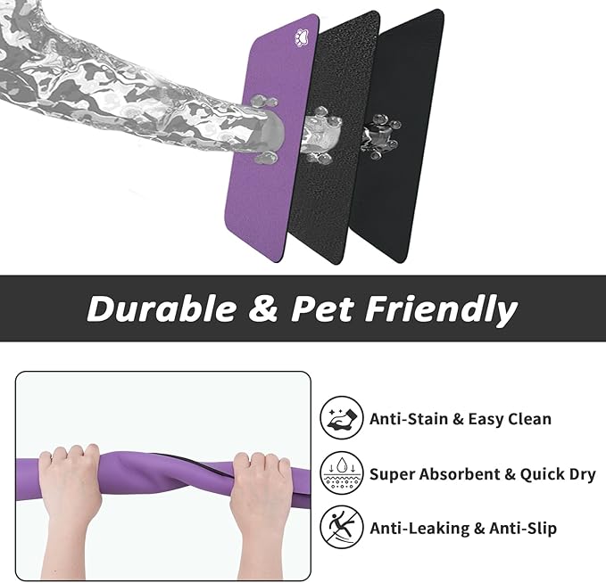 Dog Food Mat - Absorbent Cat Mat for Food and Water, No Stains Pet Feeding Bowl Mat, Easy to Clean Pet Placemats, Quick Dry Dog Water Dispenser Mat for Messy Drinkers | Paw Purple 18"x 28"