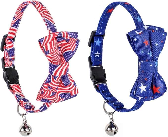 2-Pack Breakaway Cat Collars with Removable Double-Layer Bow Tie and Bell for Boy and Girl Cats Safety Kitten Collars Suitable for Festivals and Daily. (Independence Day)