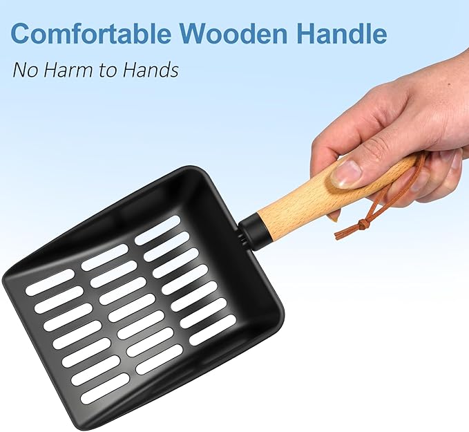 Cat Litter Scoop, Metal Litter Scoop, Heavy Duty Metal Cat Scooper for Litter Box, Black Sifter Scoop for Pellets, Wooden Handle Scoop with Hole, Kitty Necessity (5.5" Handle)