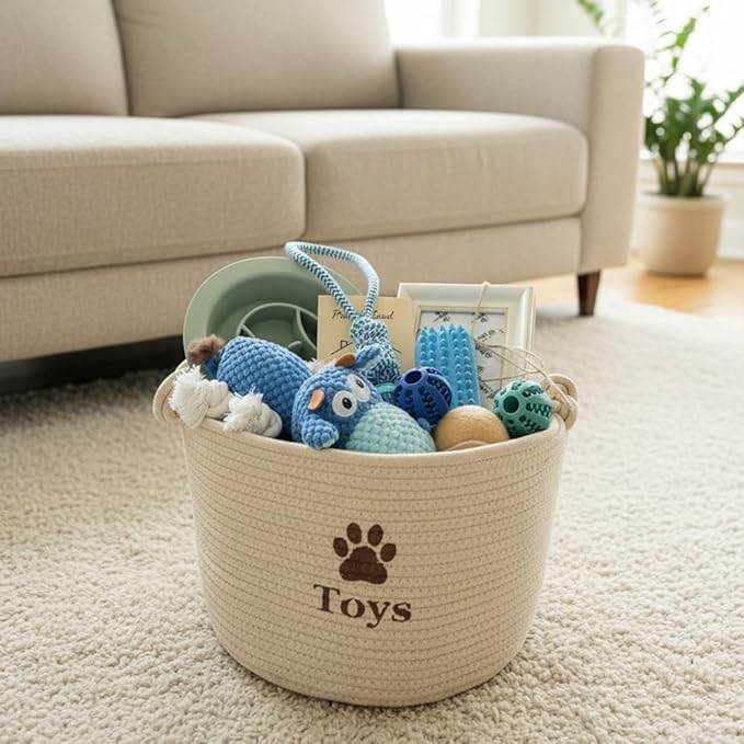 Dog Welcome Gift Box – New Puppy Starter Kit with Promise Card, Frame, Toys, Double‑Sided Bowl & Brush in Woven Basket – Dog Adoption Gift for Small Medium Dogs