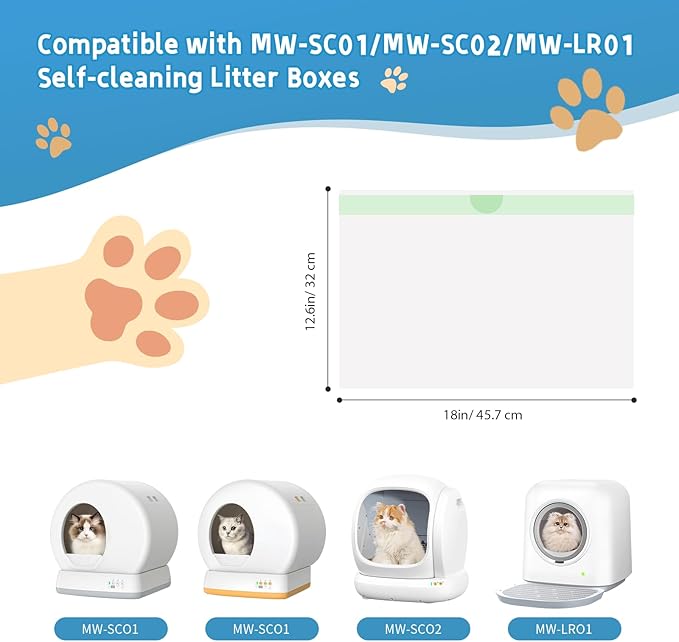 60 Count Cat Litter Box Liners Bag Compatible with Meo Want Self-cleaning Cat Litter Box MW-SC01 MW-SC02 MW-LR01, Leak-Proof Drawstring Bags - Heavy Duty Replacement Liners 18" x 12.6"