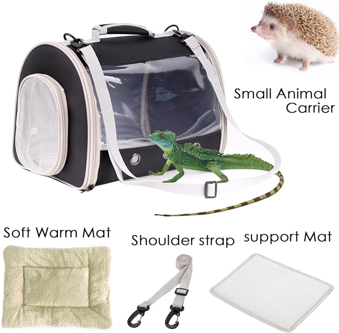 Bearded Dragon Travel Carrier Backpack,Lizard Backpack Carrier,Space Capsule Clear Bubble Window Astronaut Reptile Carrier Backpack for Guinea Pig,Sugar Glider,Bunny (Black, TPU Carrier+MAT)