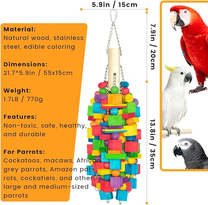 Extra Large Bird Toys for Macaws, Cockatoos - 21.6'' Heavy Duty Natural Parrot Toys for Chewing Foraging with SS Chain & Edible Colors for Medium to Large Parrots, African Grey, Cockatiel, Parakeet