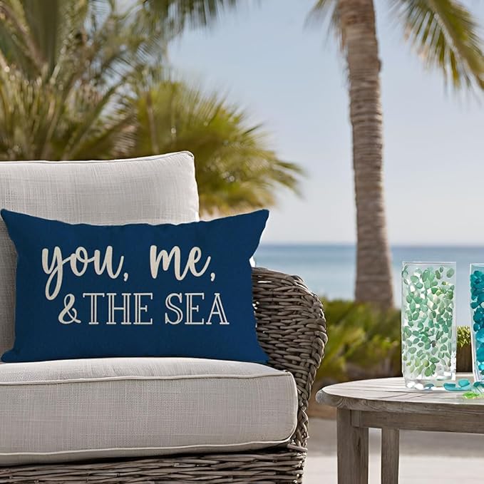 PANDICORN Summer Beach Throw Pillow Cover 12x20 Inch Sayings You Me and The Sea Ocean Sea Coastal Blue Outdoor Nautical Decorations Lumbar Decorative Cushion Case for Home Living Room Sofa Couch Decor