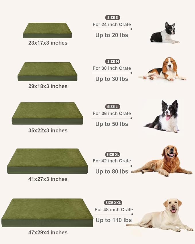 KSIIA Orthopedic Dog Bed Crate Waterproof Pet Mats for Medium Dogs Deluxe Plush Washable Pet Bed with Egg Crate Foam & Removable Cover, 29 x 18 Inch, Green