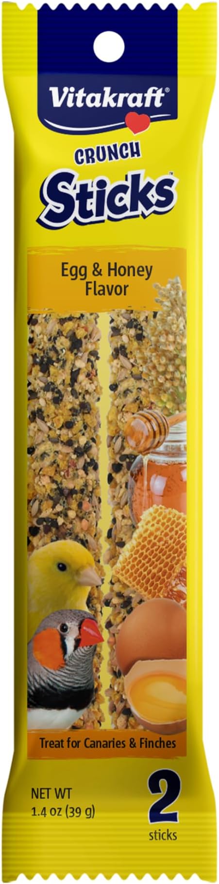 Vitakraft Crunch Sticks Parakeet Treats Egg and Honey Flavor 2 Pack - Long Lasting Seed Stick with Natural Wood Center Clip Holder and Nutritious Ingredients for Happy Engaged Birds