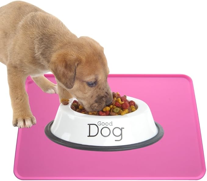 Silicone Cat & Dog Bowl Mat, Non-Slip Pet Feeding Mat - Waterproof Dog & Cat Placemat (21"x14.8", Pink)
