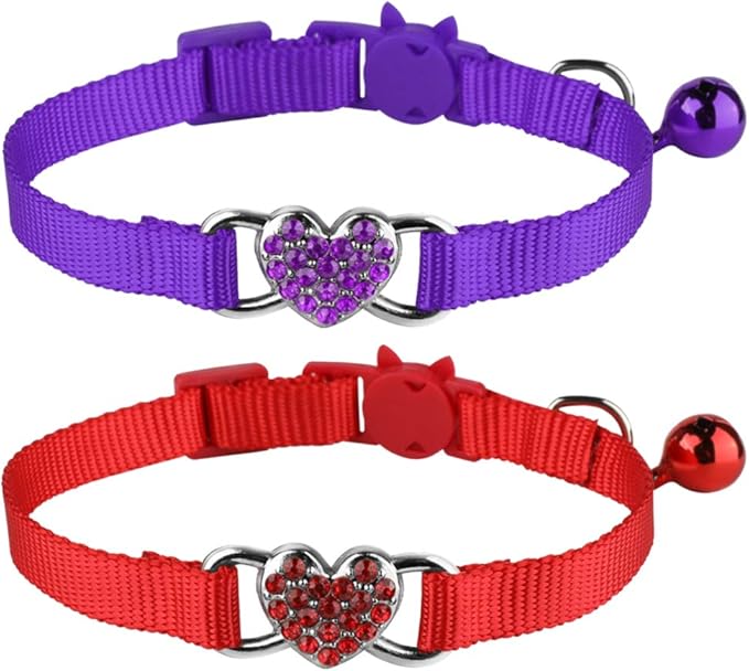 2 Pcs Cat Collars Heart Bling Breakaway with Bell Nylon Adjustable for Kitty (red+Purple)