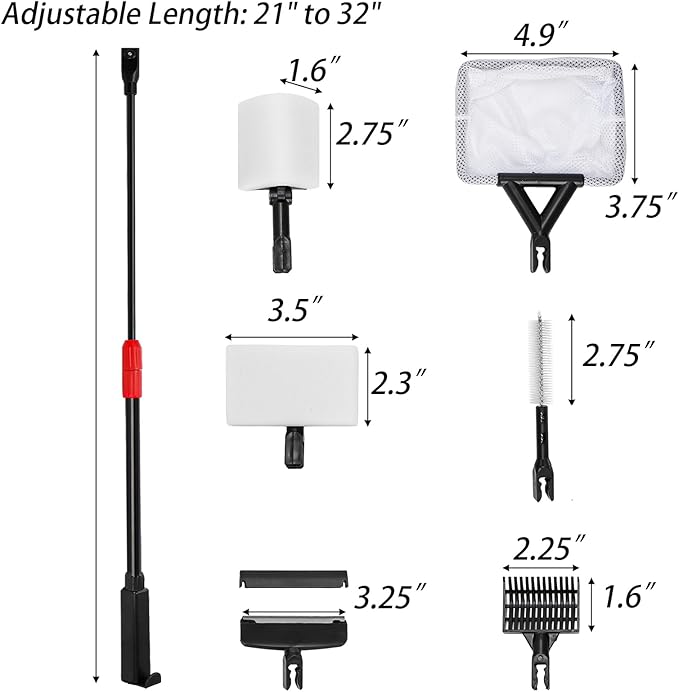 TOPZEA 6 in 1 Aquarium Cleaning Tool Kit, Fish Tank Cleaner Set with Adjustable Telescopic Long Handle (21-32 Inch) Include Algae Scraper, Scrubber Pads, Fish Net, Tube Cleaning Brush, Gravel Rake