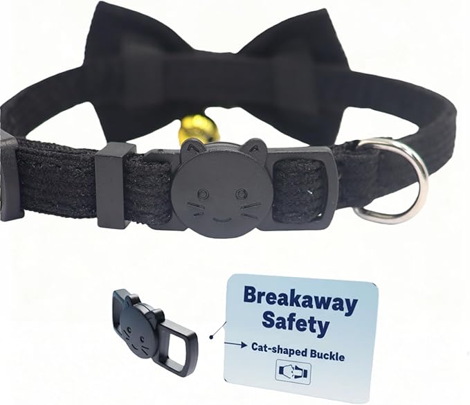 THAIN Cat Collar with Bow Tie and Bell, Breakaway Adjustable Cute Soft Corduroy Kitten Collars Safety Buckle for boy Cats(Solid Black)