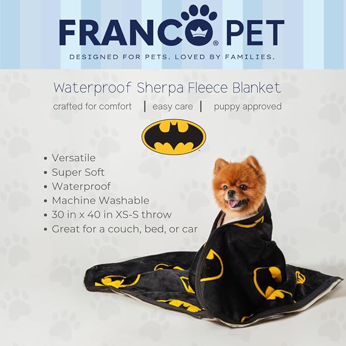 Franco Pet Batman DC Comics Bat Shield Logo Super Soft Cozy Waterproof Sherpa-Backed Blanket Throw for Small Dogs, Couch/Bed/Car, 30x40 (Officially Licensed Product)