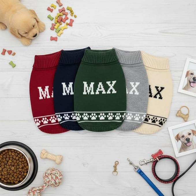 Customizable Pet Sweater for Dogs & Cats with Name Soft Acrylic Knit, Paw Print Detail, Perfect for Small and Large Pets, Ideal for Daily Wear or Holiday Season Gifts