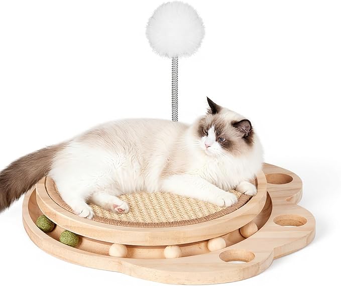 Cat Scratcher Board, 3-in-1 Cat Scratcher & Activity Center with Sisal Scratching Pad, Ball Track & Spring Toy, Interactive Cat Furniture for Indoor Cats