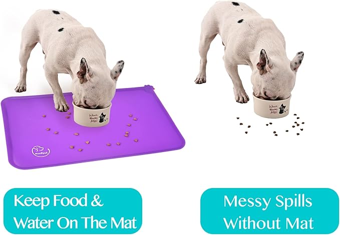 Silicone Waterproof Dog Cat Pet Feeding Mats, Non Slip, Easy Clean Pet Dog Cat Bowl Mats Placemat (18.5" x 11.5") Purple