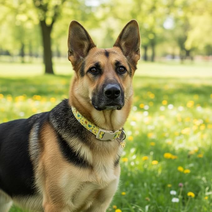 Dog Collars for Medium Dogs, Yellow Dog Collar with Cute Bow Print and Charm, Adjustable Medium Collar for Girl Female Dogs