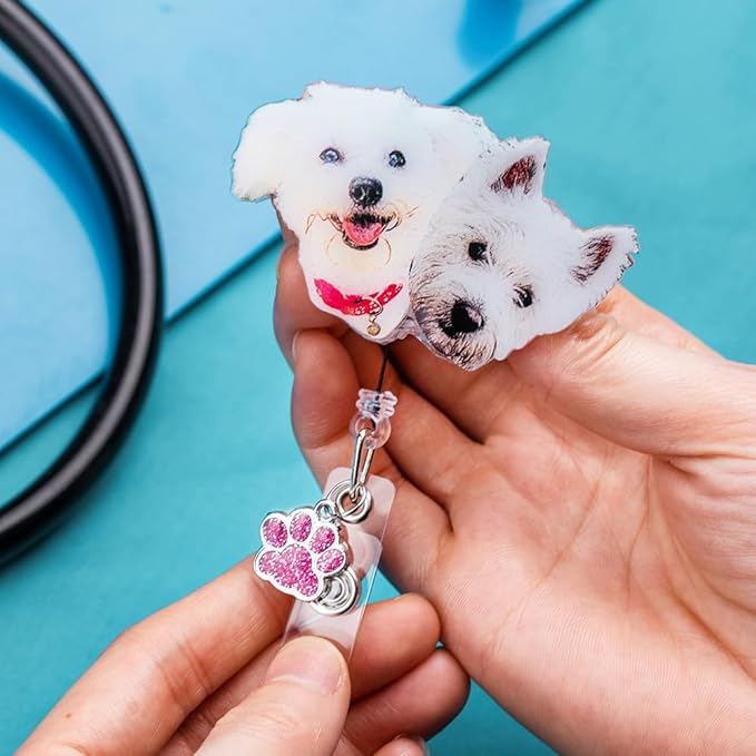 callie Personalized Pet Portrait Badge Reel - Custom Dog Cat Photo, Cute Badge Holder Retractable with Alligator Clip & Paw Charm, Gifts for Dog Lover Nurse RN CNA Doctor（2 Pets）