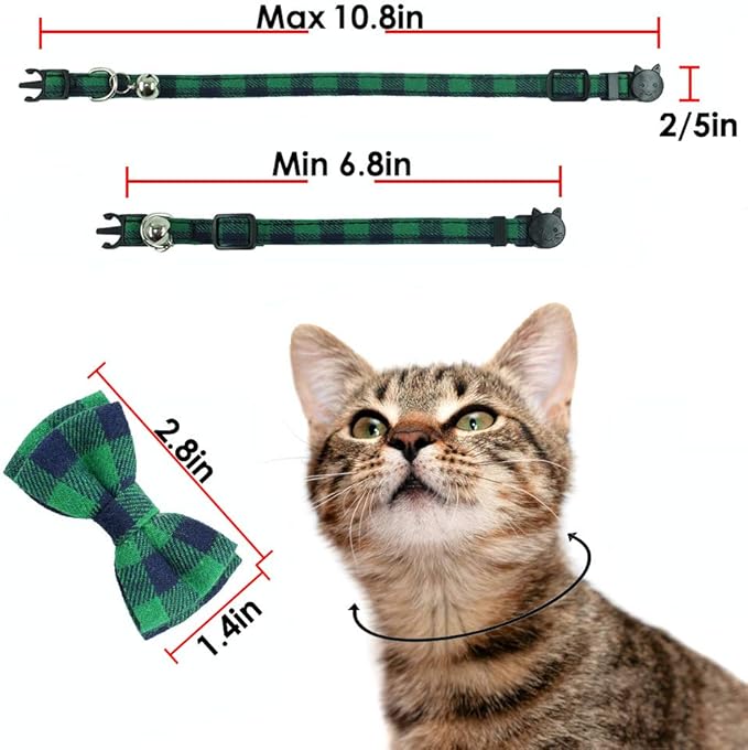 Pipidog Cat Collar Breakaway with Bell and Bow Tie, Plaid Design Adjustable Safety Kitty Kitten Collars(6.8-10.8in) (Green&Cyan Plaid)