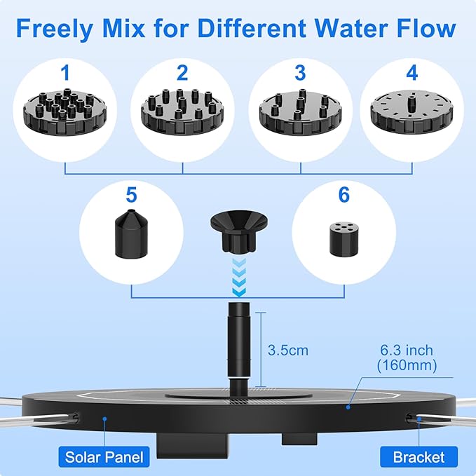 2.5W Solar Bird Bath Fountain Pump, Solar Fountains, Solar Powered Water Fountain with 6 Nozzles and Fixer for Bird Bath, Outdoors, Fish Tank, Pond, Pool and Garden