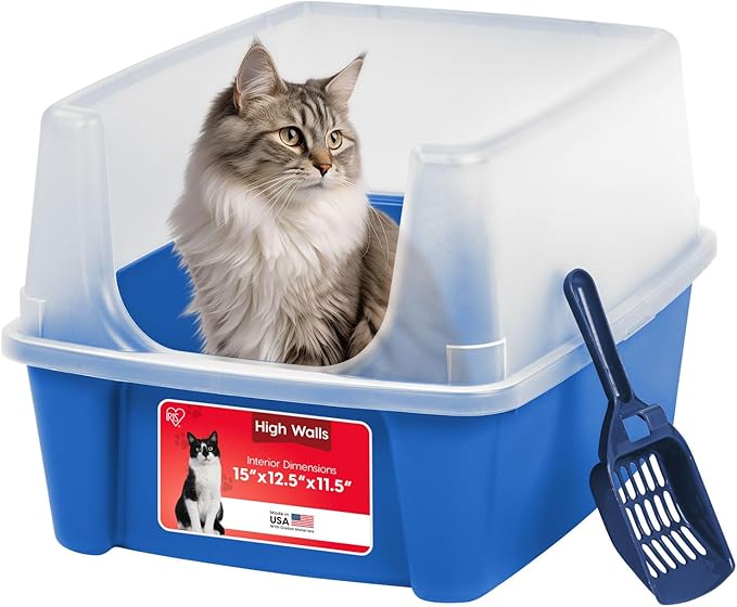 IRIS USA Large Cat Litter Box with Scatter Shield and Scoop, Open Top High Sided Cat Litter Pan, Blue