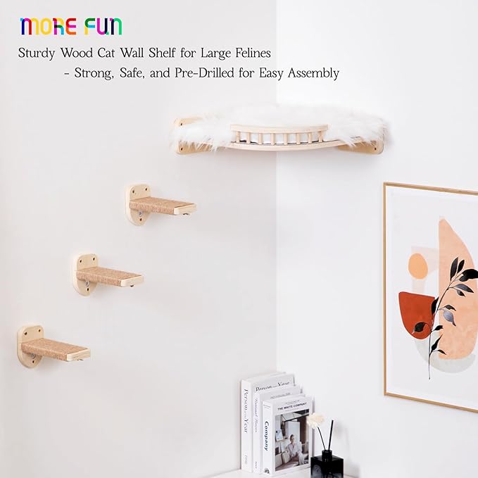 Large Cat Shelves with 3 Steps, Wall Mounted Cat Climbing Shelf with Plush Covered Bed, for Indoor Cats (Wood)