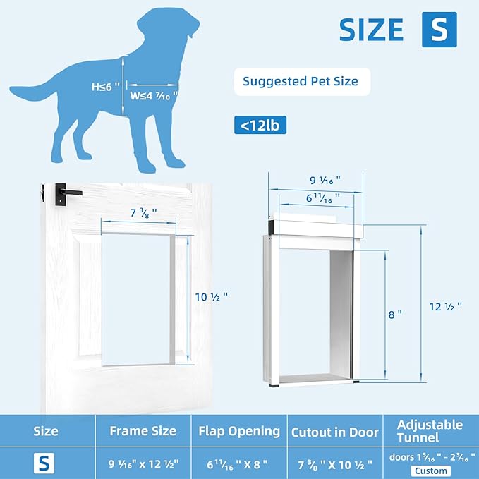 Automatic Dog Door with Doorbell Activation, 2-Flap Electronic Smart Pet Door with Anti-Pinch, No Collar Needed, Aluminum Lockable Weatherproof Telescoping Tunnel for Pets Up to 12 LB- S