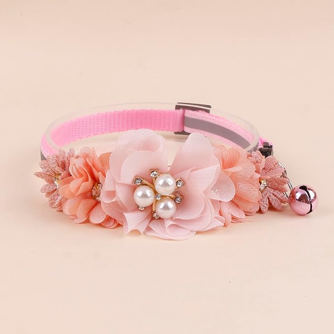 2 Pack Cat Collar Pink Floral with Bell and Removable Flower Bowtie Breakaway Adjustable Cat Collar for Girl Kitten Puppy Small Cats Dogs Daily Decoration (XQ102-2)