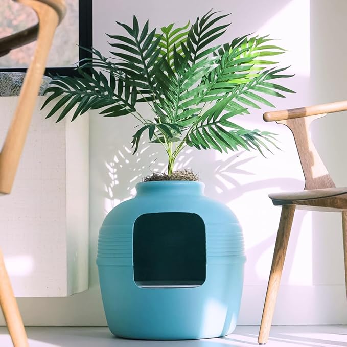 Good Pet Stuff Hidden Litter Box Planter, Decorative Cat Litter Enclosure with Carbon Filter, Artificial Plant, Easy Clean, Removable Liner, Round Style, Essentials Kit, Coastal Blue
