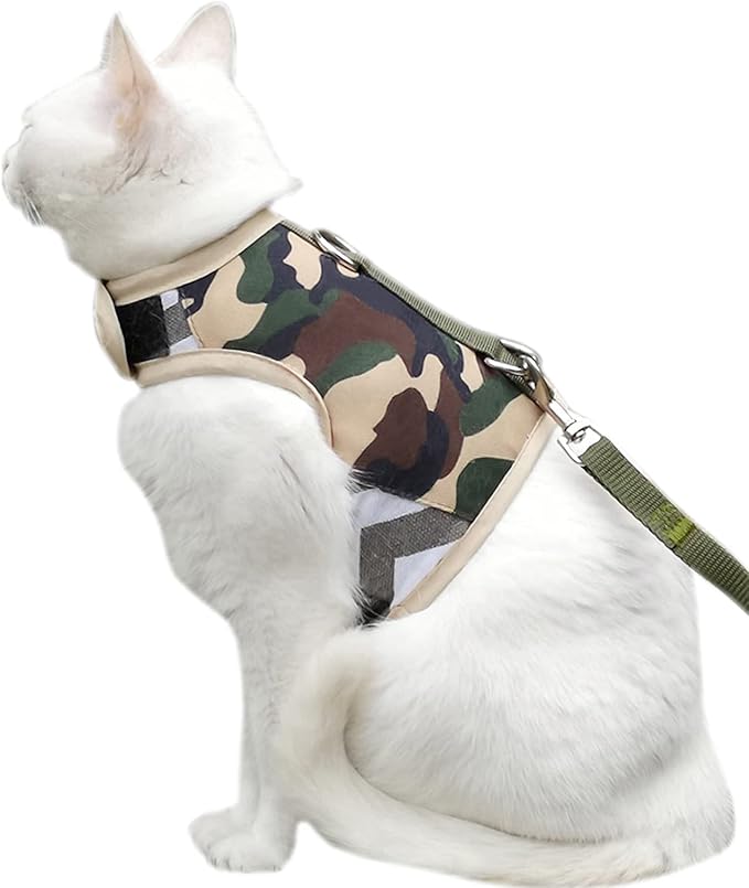 Cat Harness and Leash Set for Walking Escape Proof, Adjustable Cat Vest Harness, Padded Stylish Cat Walking Jackets, Camo Green, X-Small