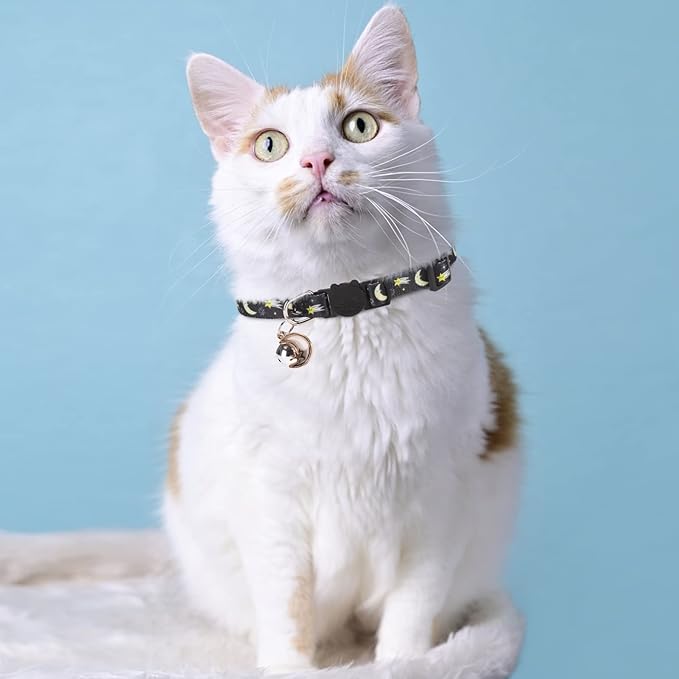 Breakaway Cat Collars with Bell & Cute Pendants, 3 Pack Safety Buckle Kitten Collars, Adjustable Pet Collar Ideal for Girl Boy Cats Puppy (Moon&Star)
