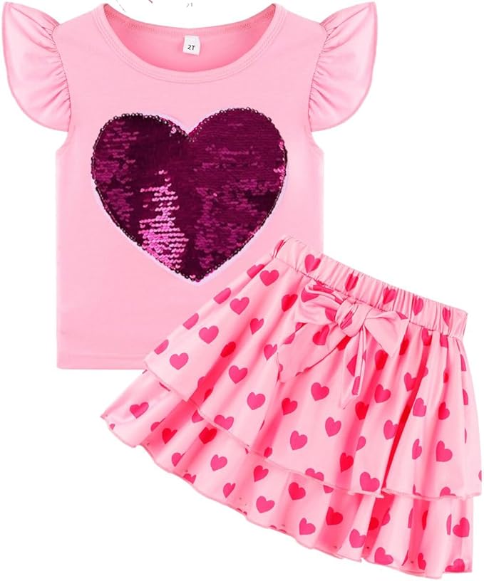 Girls Skirt Set 2 Piece Outfit Toddler Summer Clothes Ruffle Sleeve T-Shirt Bow Knot Tutu Skirt Outfit Set