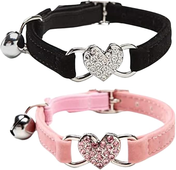 Heart Bling Cat Collar with Safety Belt and Bell Adjustable 8-10 inches for Kitten Cats (Black+Pink)