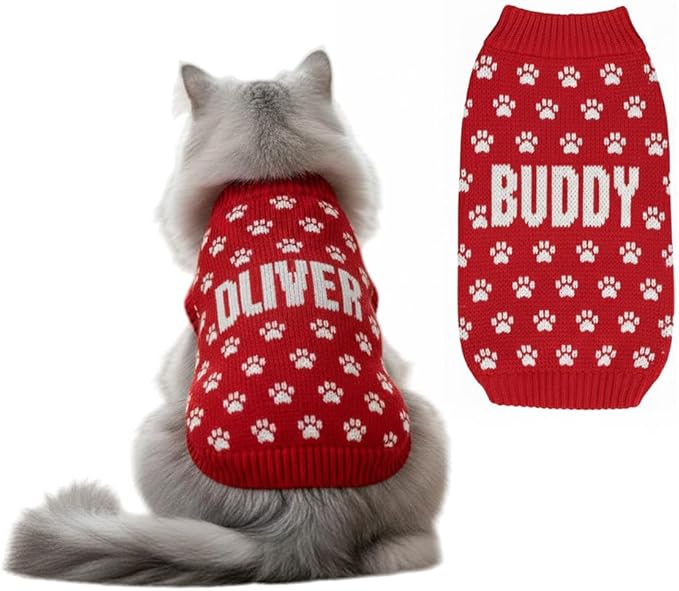 Custom Pet Knit Sweater with Name Personalized Dog Cat Outfit Paw Pattern Winter Warm Clothing for Puppies Kittens Holiday Birthday Gift Keepsake Comfortable Everyday Wear