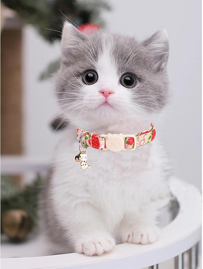 Cat Collar-2 Pack Cat Collars bee & Strawberry Cat Collar Breakaway with Kitten and Bell Pendant Safety Buckle Adjustable Cute Pet Collar for Girl Cats Gift for Cats and Small Pets