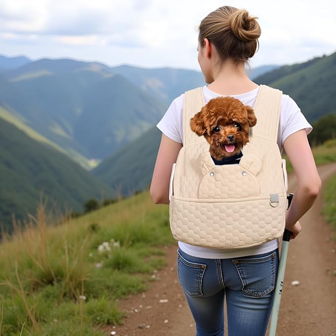 Dog Backpack Carrier for Small Dogs, Cat Carrier Sling, Front Facing Pets Chest, Adjustable Straps & Safety Lock, Hands-Free Dog Carrier, Gifts for Hiking, Biking & Daily, Fit 5-15 Lbs (Beige)