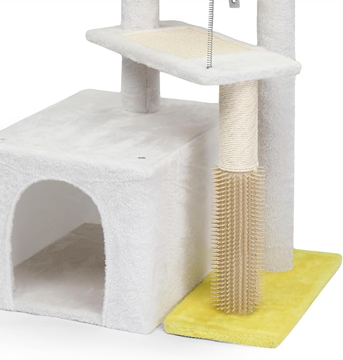 VINGLI Cat Tree, 27 inch Small Cat Tower with Scratching Post and Pad, Cat Condo for Indoor Kittens Padded Top Bed, Cats Indoor Activity Center (Yellow & White)