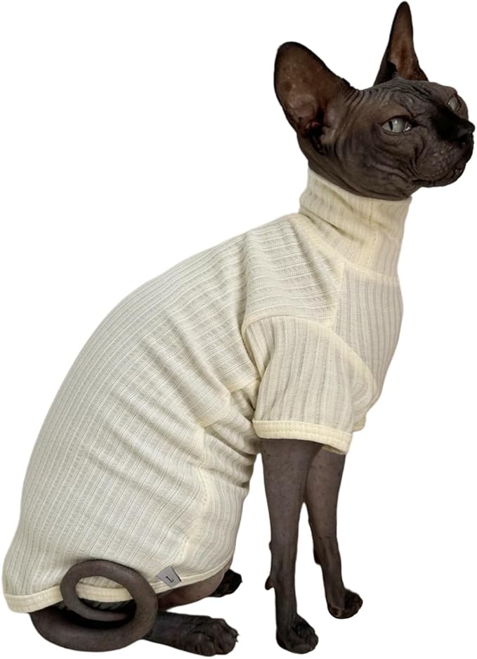 Sphynx Cats Shirt Cat Turtleneck Cotton Sweater Pullover Kitten T-Shirts with Sleeves Cat Pajamas Jumpsuit for Sphynx Cornish Rex, Devon Rex, Peterbald (White, Medium (Pack of 1))