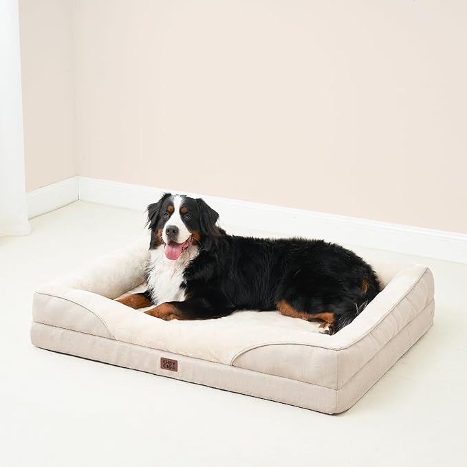 EHEYCIGA Orthopedic XXL Dog Bed for Large Sized Dog, 52x41x8 Inch Extra Large Memory Foam Dog Couch Bed with Sides, Waterproof Liner & Washable Removable Cover, Bolster Pet Sofa, Beige