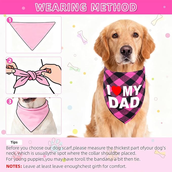 GreenJoy Cute Plaid Dog Bandana – Washable Pet Triangle Scarf for Small, Medium, Large Dogs and Cats, Adjustable Pet Accessory for Birthday, Wedding and Christmas (Pink (I Love My Dad), Small)