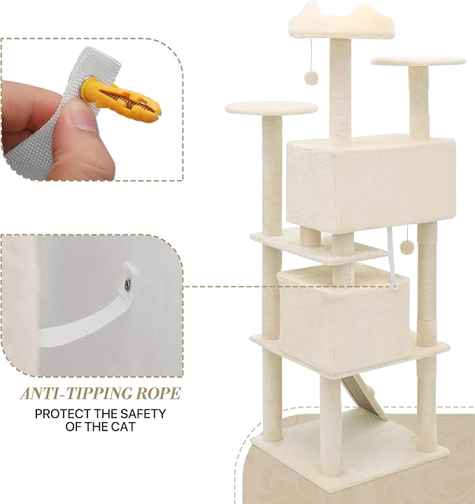 Athena Collection Cat Tree, 70 Inch Cat Tree Tower for Indoor Cats, Multi-Level Cat Tower House Activity Center with 2 Cat Condo & Scratching Post & Dangling Ball, Tall Cat Climbing Tower, Beige