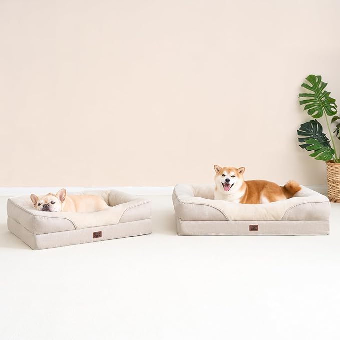 EHEYCIGA Orthopedic Dog Bed for Medium Dog, 35x22x6.5 Inch Memory Foam Dog Couch Bed with Sides, Waterproof Liner & Washable Removable Cover, Bolster Pet Sofa, Beige