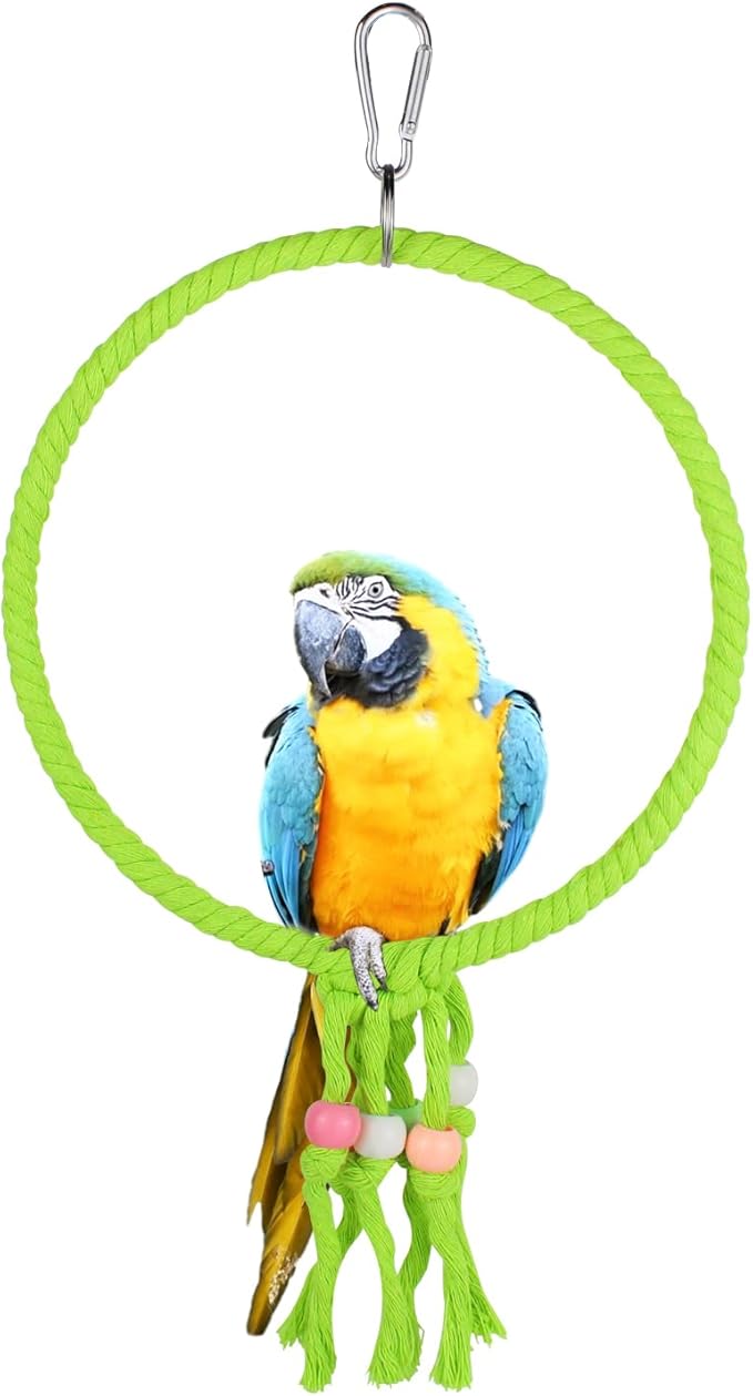 Bird Swing, 20 CM Diameter Hanging Parrot Swing with Colourful Beads, Swing Parrot Toys Cotton Rope Ring Bird Cage Toys for Budgie, Cockatiel, Canary, Parakeet, Finch (Green)