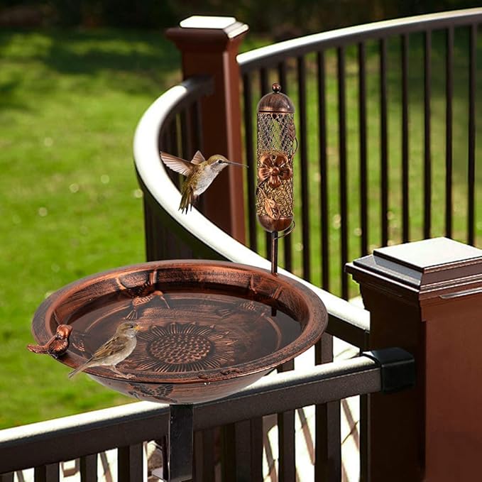 DREAMSOUL 13" Dia Deck Mounted Bird Bath with Clamp, Metal Bird Bath and Feeder Detachable Unheated Birdbath for Deck Railing
